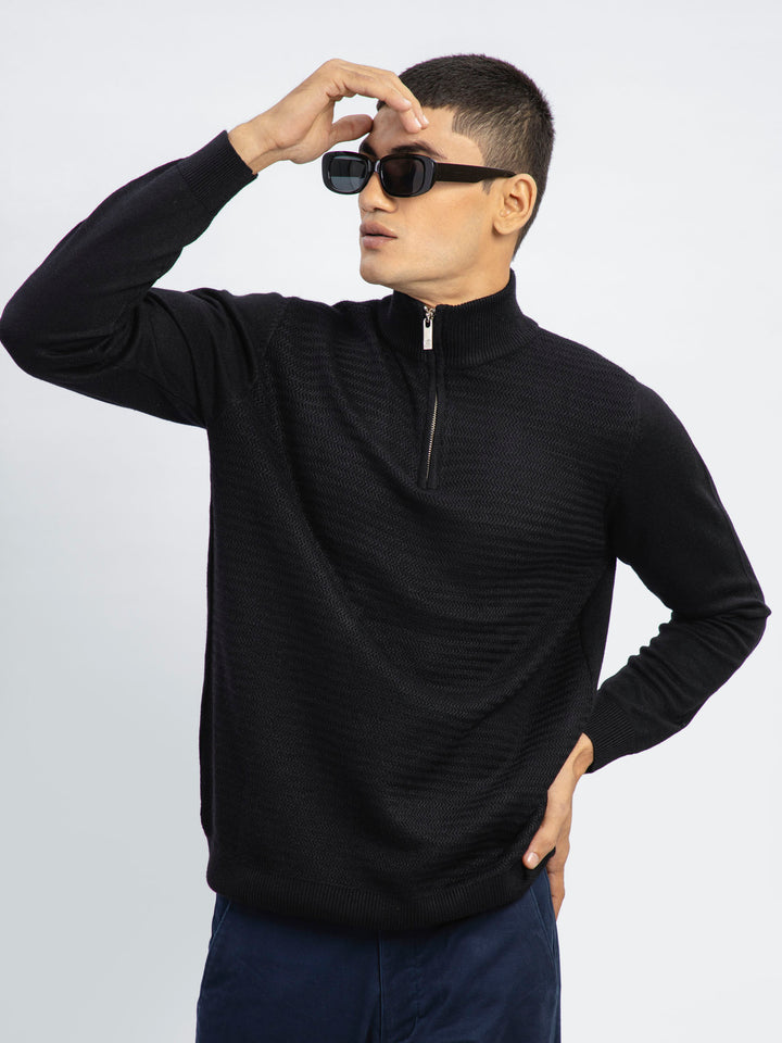 Black Wool Textured Half-Zip Sweater Brumano Pakistan