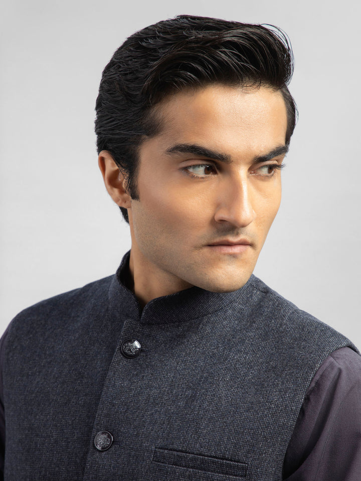 Black & Blue Micro Checkered Wool Blended Waistcoat Brumano Pakistan