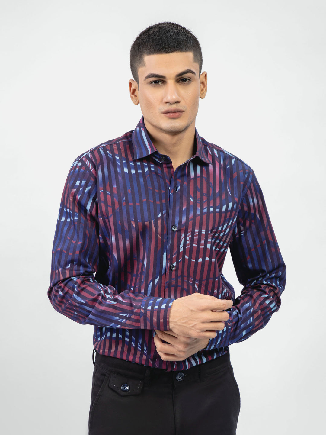 Black & burgundy floral printed striped shirt brumano pakistan