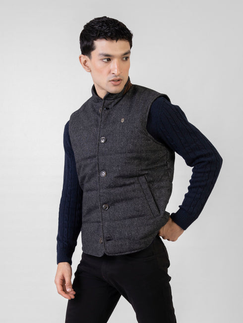 Black & Grey Dobby Woolen Quilted Vest