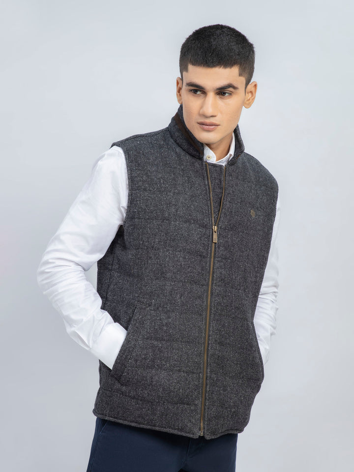 Black & Grey Structured Wool Blended Sleeveless Quilted Jacket Brumano Pakistan