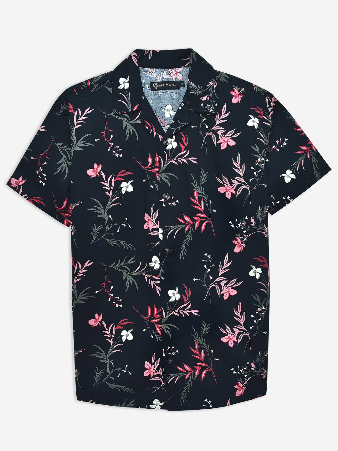 Black & Pink Floral Printed Cuban Collar Shirt Brumano Pakistan