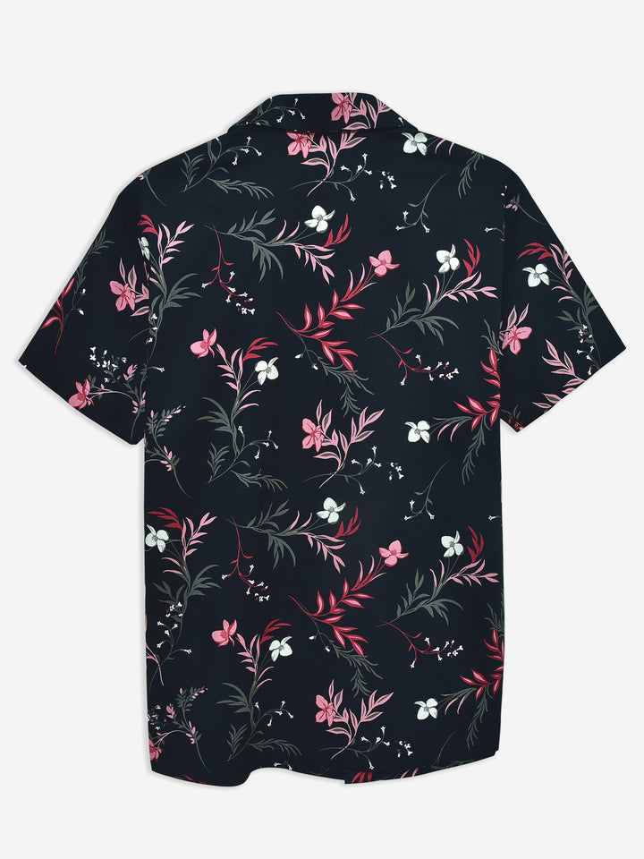 Black & Pink Floral Printed Cuban Collar Shirt Brumano Pakistan