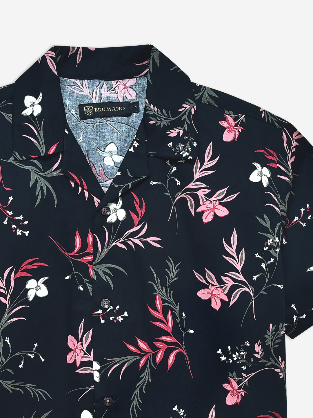Black & Pink Floral Printed Cuban Collar Shirt Brumano Pakistan