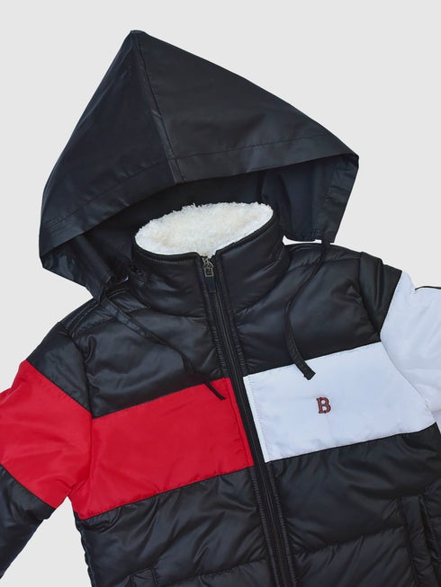 Black & Red Casual Puffer Jacket With Sherpa & Hidden Hoodie - Unisex