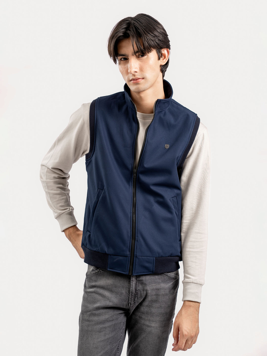 Men's blue sleeveless zipper jacket front view