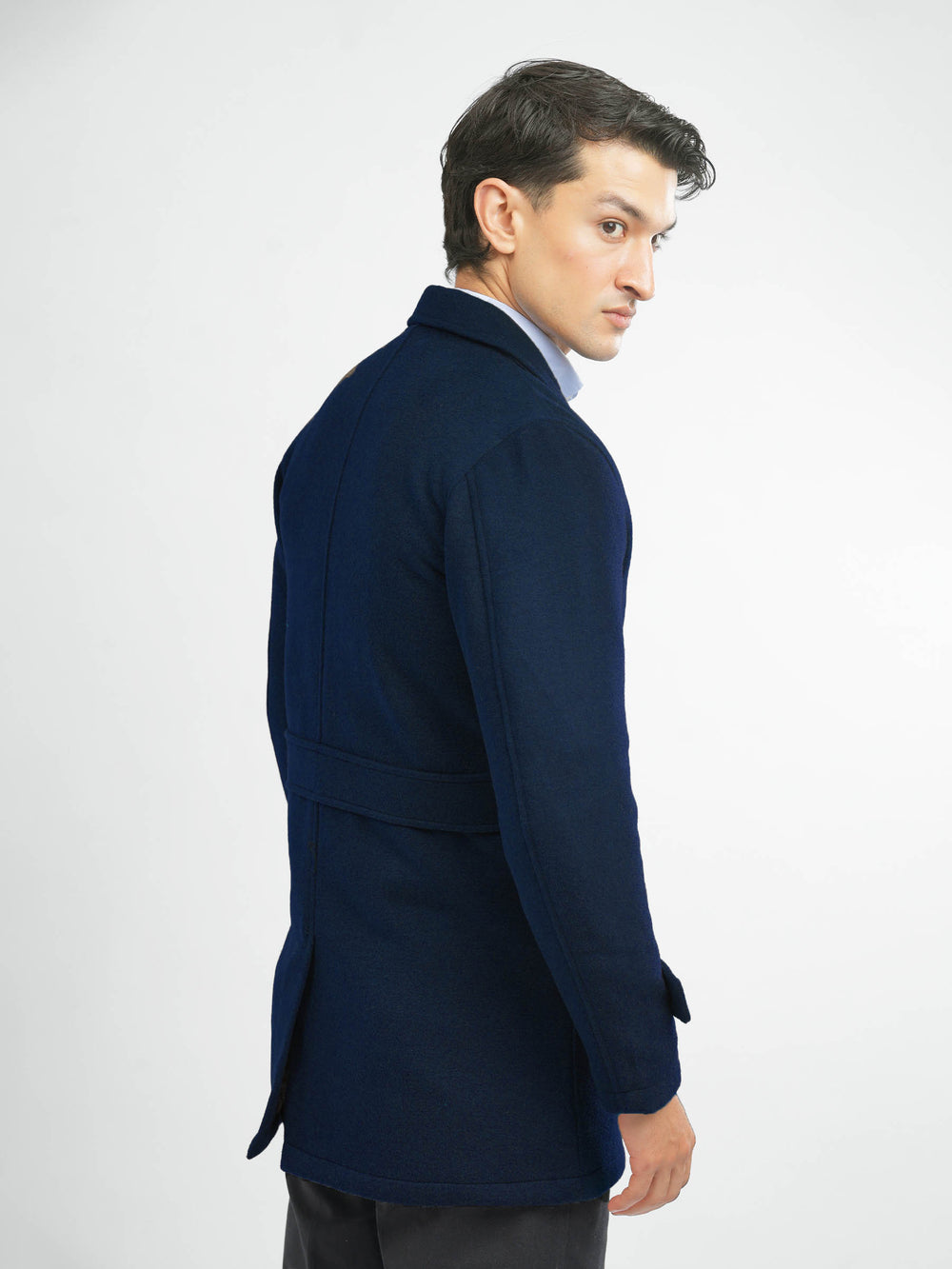 Brumano men's blue long coat back view