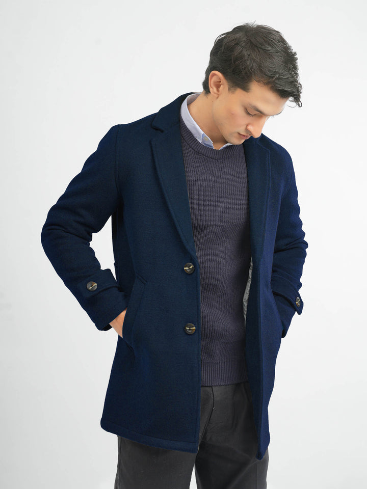 Men's Blue Wool Blended Over Coat Front View