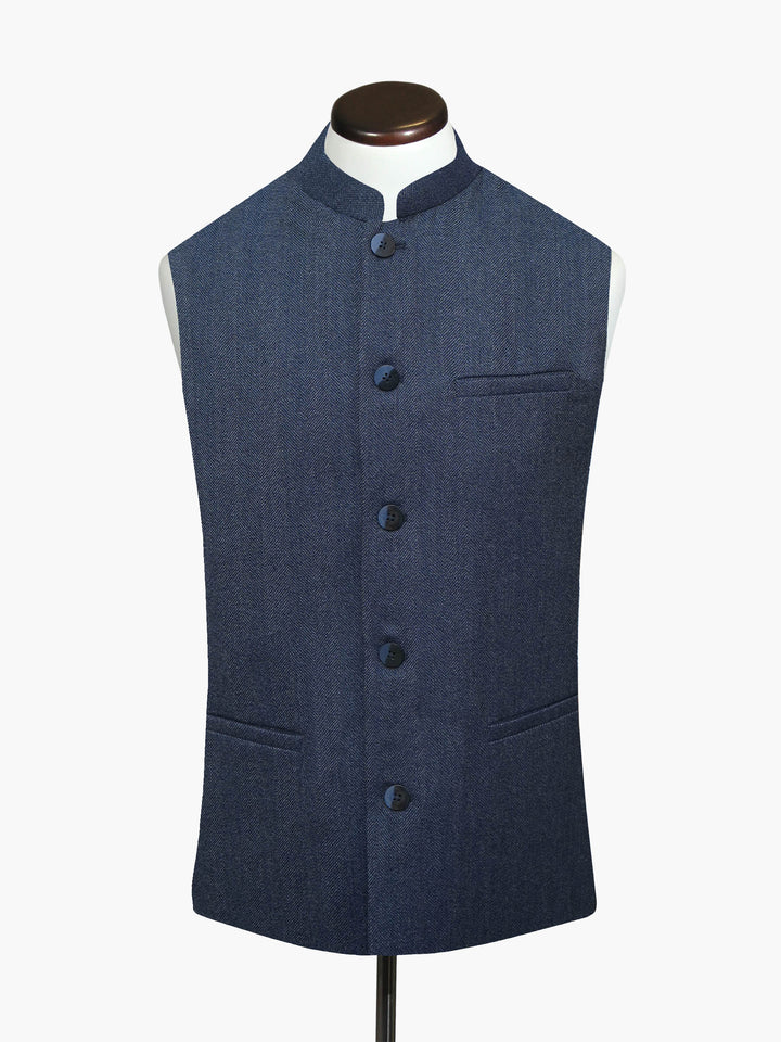 Blue-Wool-Herringbone-Structured-Waistcoat - Sartoria-Brumano-Pakistan