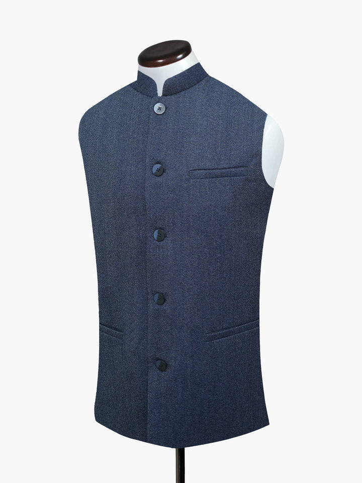Blue-Wool-Herringbone-Structured-Waistcoat - Sartoria-Brumano-Pakistan