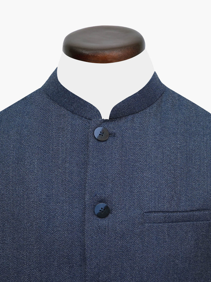 Blue-Wool-Herringbone-Structured-Waistcoat - Sartoria-Brumano-Pakistan