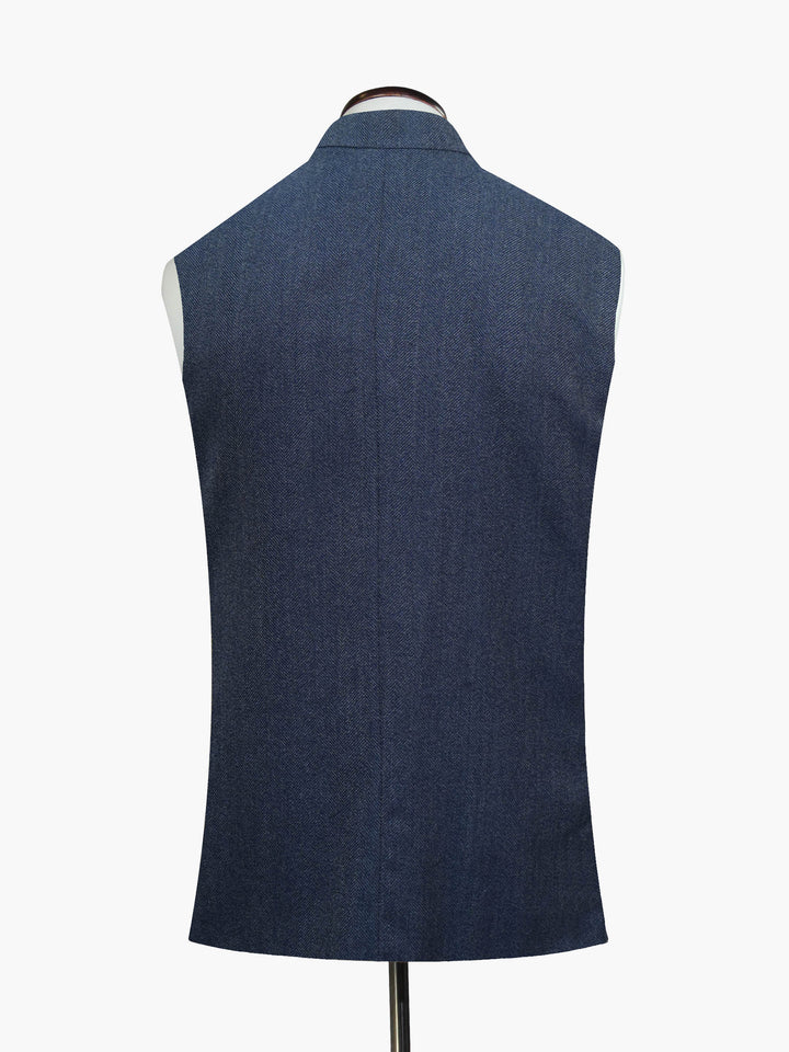 Blue-Wool-Herringbone-Structured-Waistcoat - Sartoria-Brumano-Pakistan