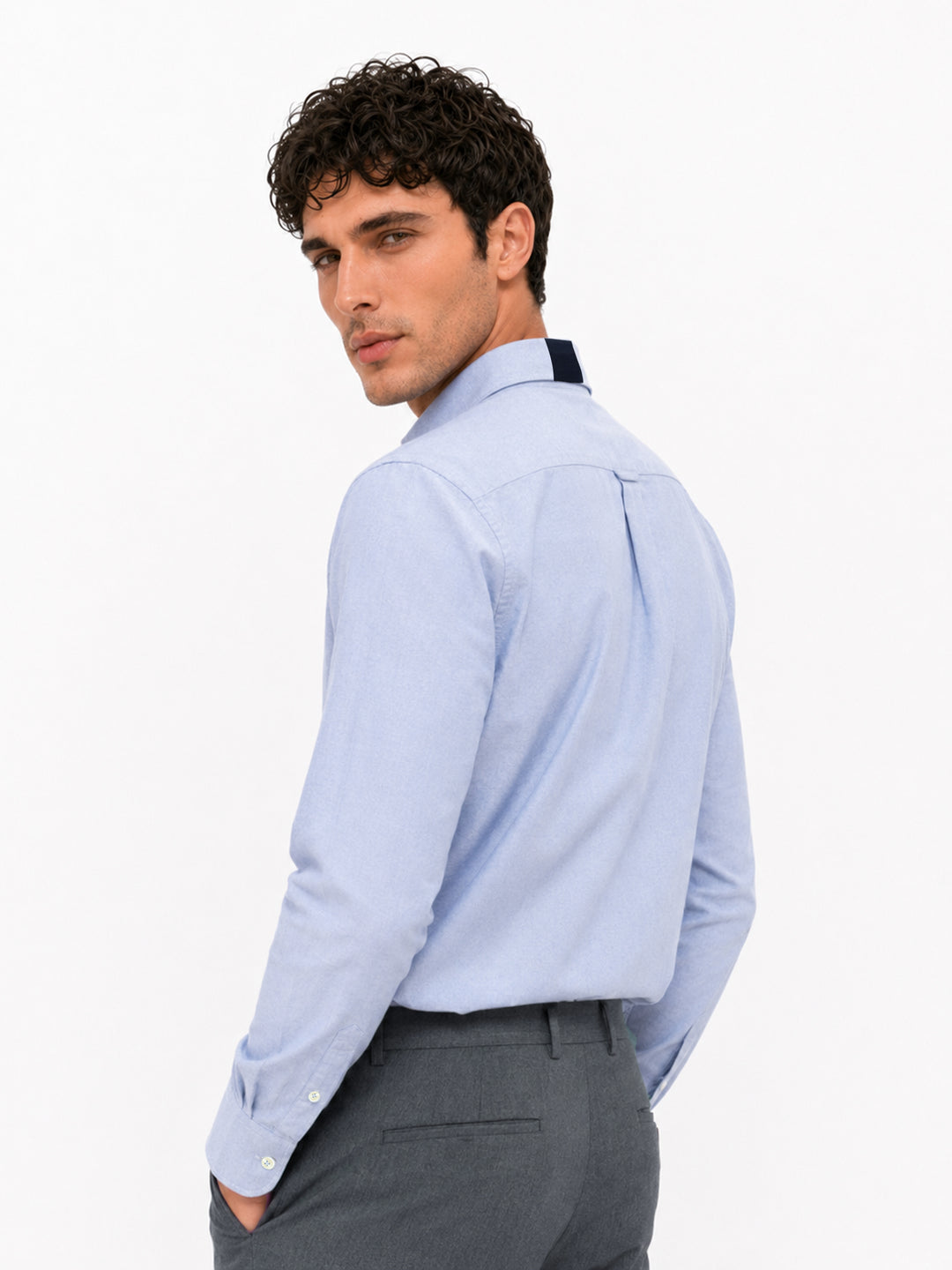 Men blue smart casual shirt back view