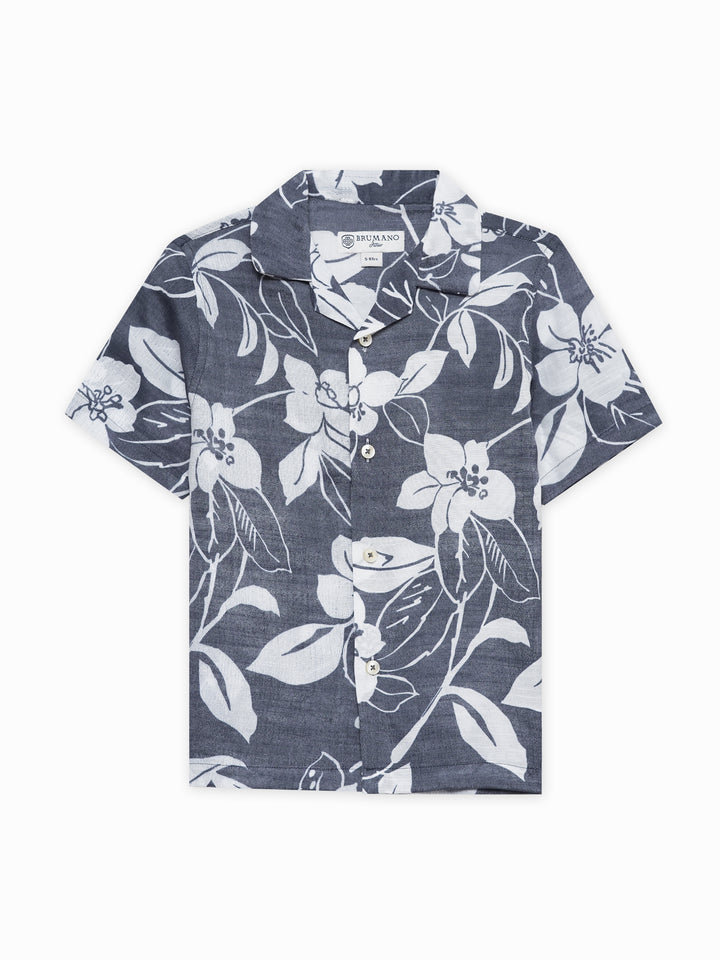 Blue Bold Floral Printed Cuban Collar Shirt - Junior