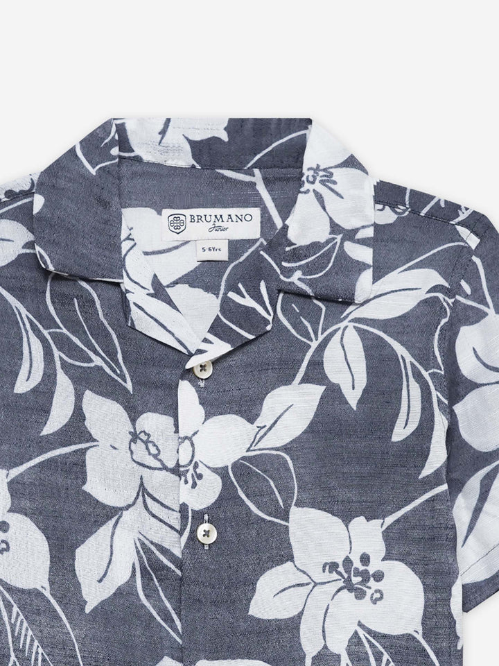 Blue Bold Floral Printed Cuban Collar Shirt - Junior