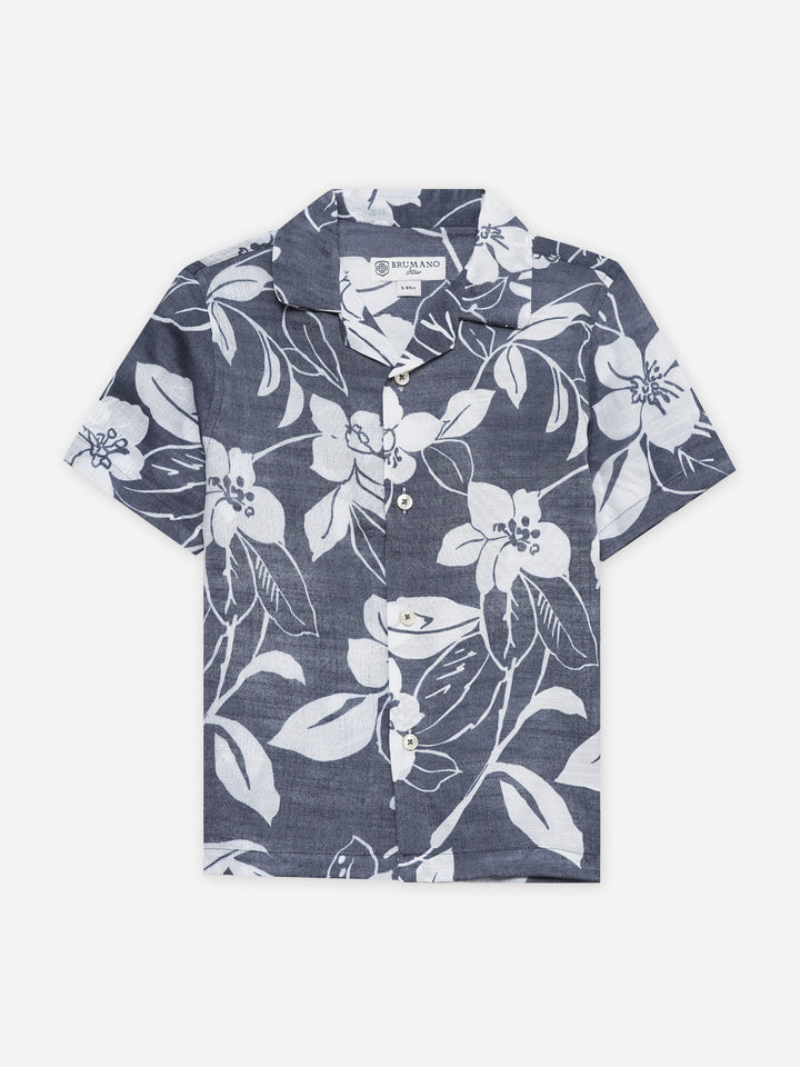 Blue Bold Floral Printed Cuban Collar Shirt - Junior