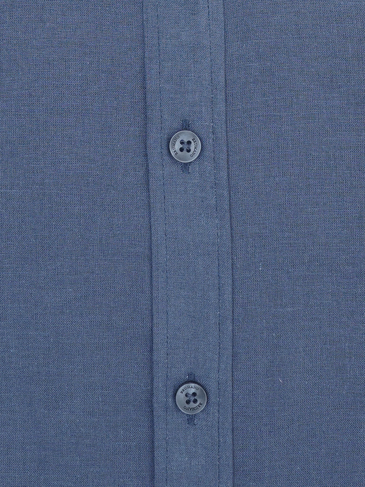 Blue Linen Blended Mao Collar Shirt