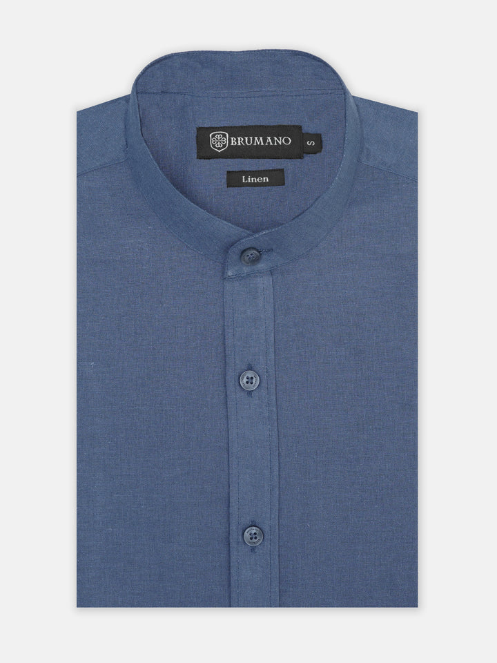 Blue Linen Blended Mao Collar Shirt
