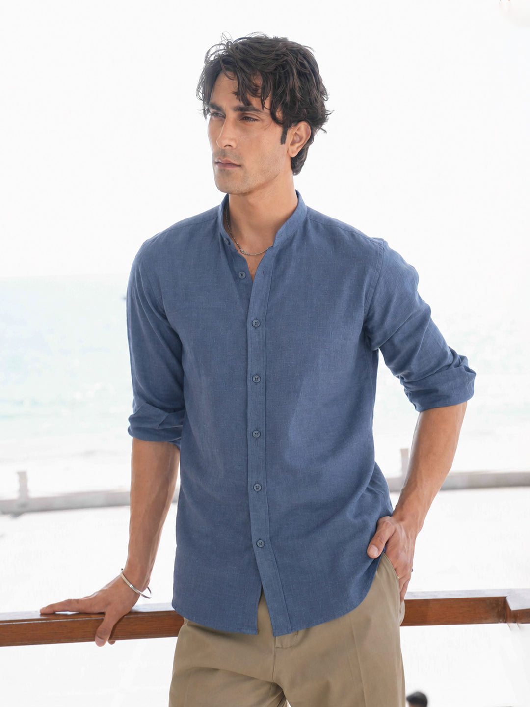 Blue Linen Blended Mao Collar Shirt