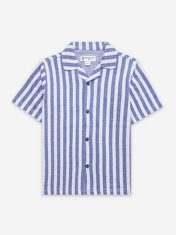 Blue Striped Knitted Cuban Collar Shirt - Junior