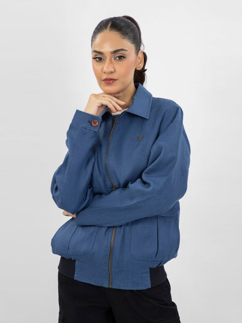 Blue 100% Linen Casual Collar Jacket - Women