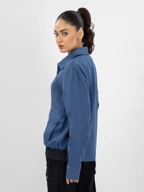 Blue 100% Linen Casual Collar Jacket - Women