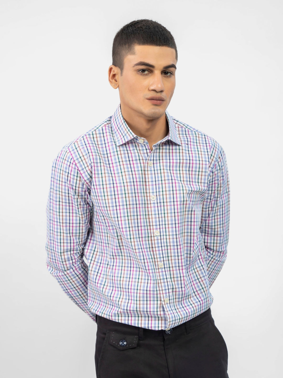 Blue checkered formal shirt with classic collar brumano pakistan