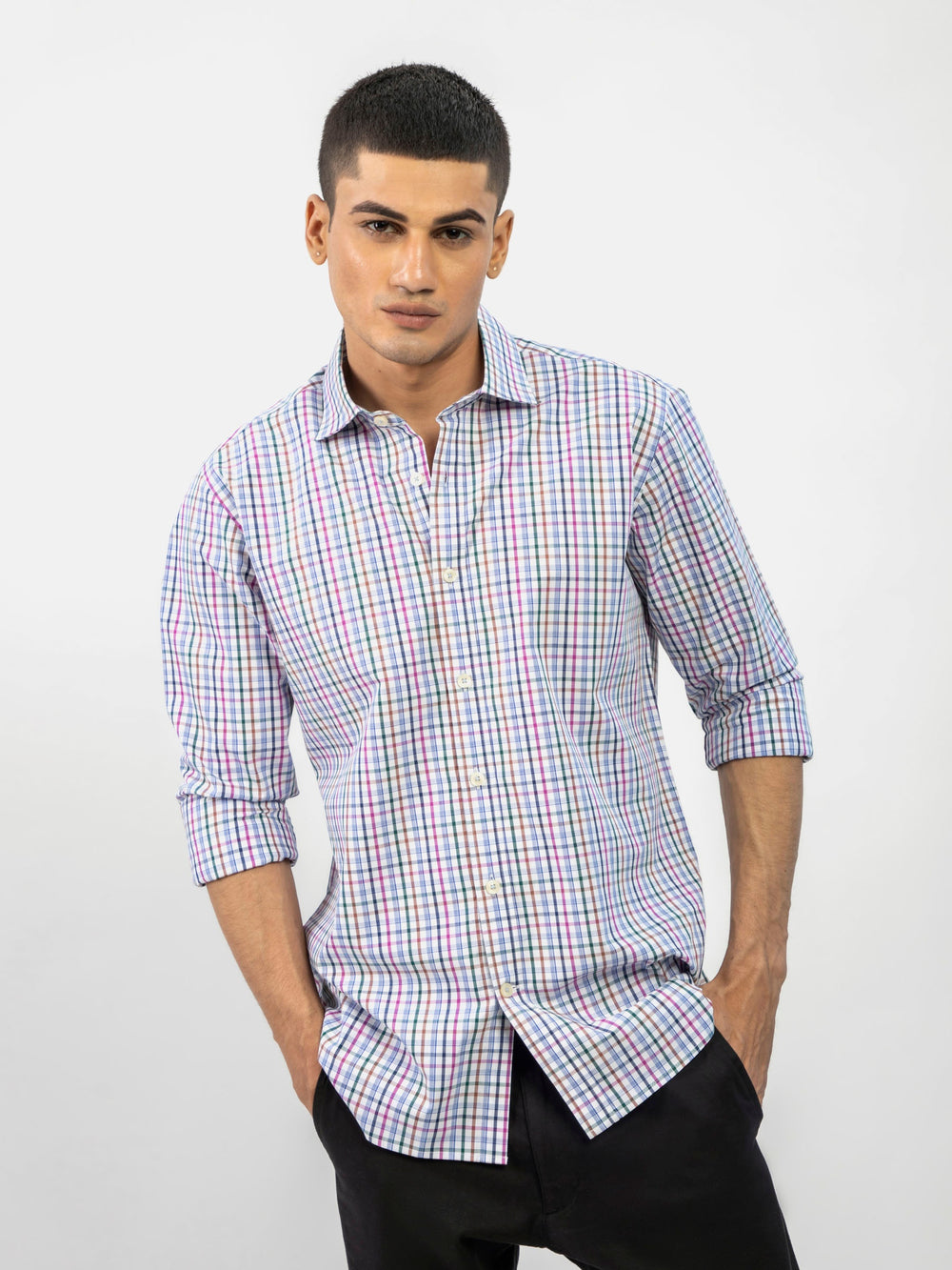 Blue Checkered Formal Shirt With Classic Collar