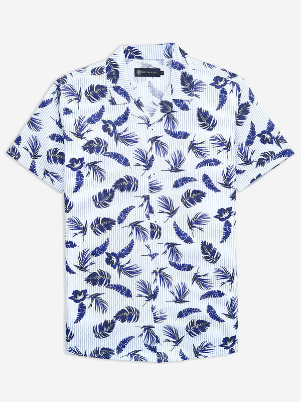 Blue Floral Printed Half Sleeve Cuban Collar Shirt