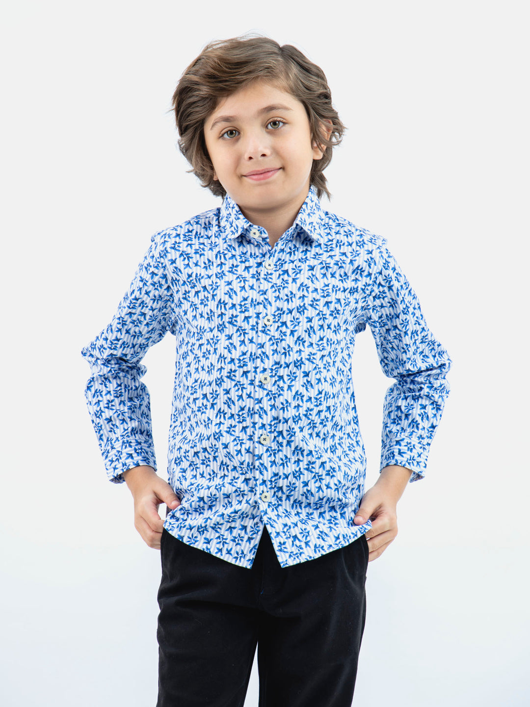 Blue Floral Printed & Striped Long Sleeve Casual Shirt