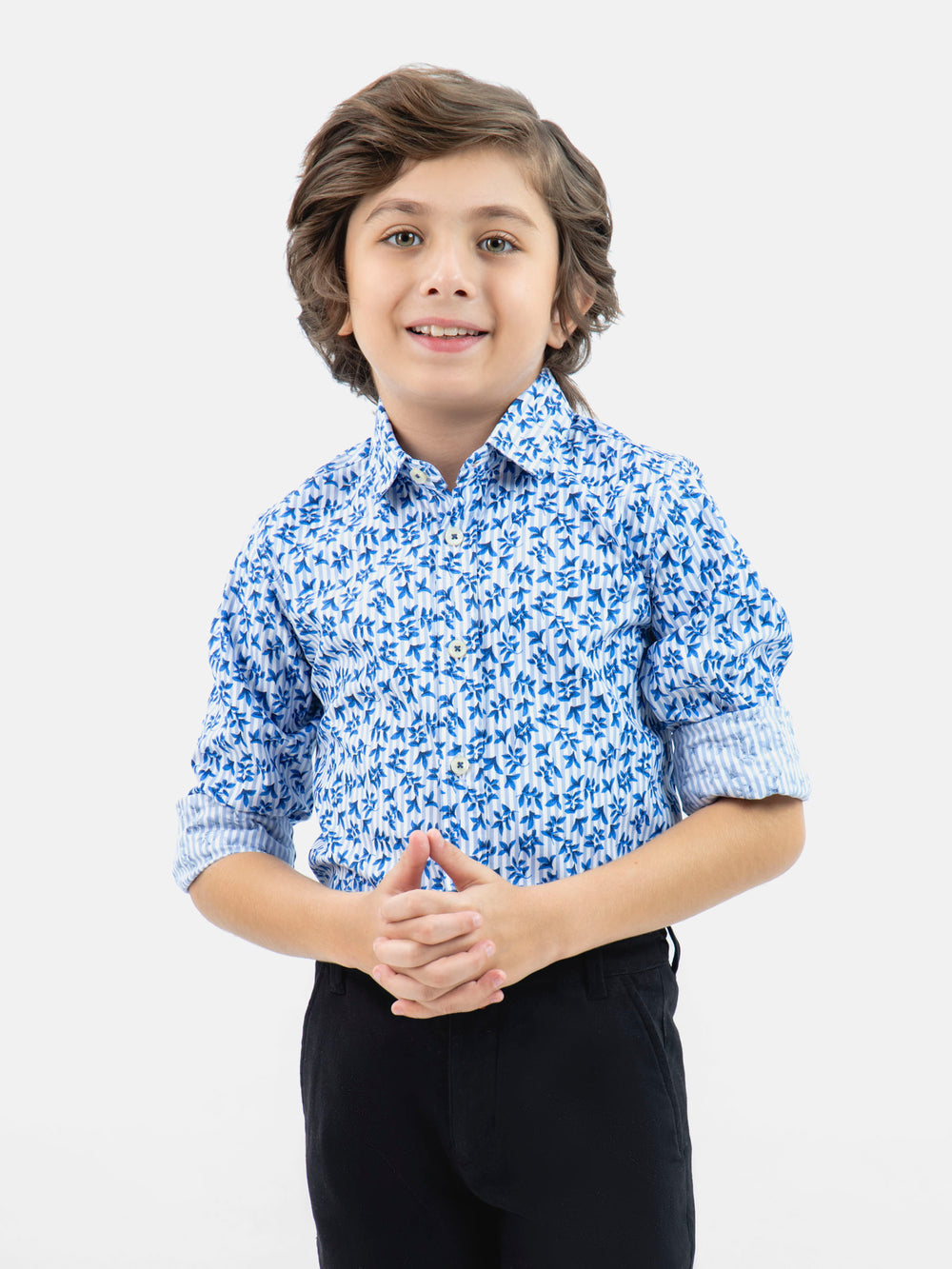Blue Floral Printed & Striped Long Sleeve Casual Shirt