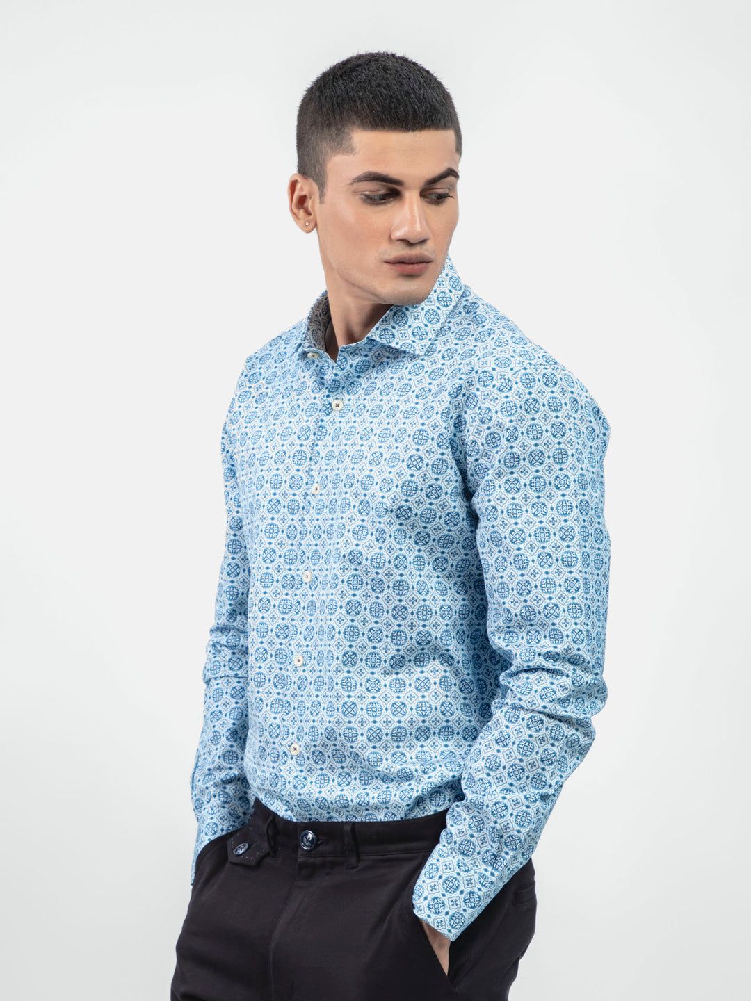 Blue geometric printed shirt with shallow collar   exclusive brumano pakistan