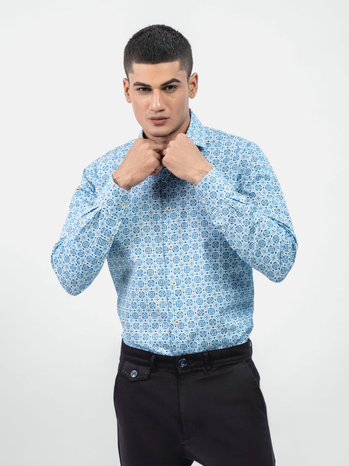 Blue Geometric Printed Shirt With Shallow Collar - Exclusive Brumano Pakistan
