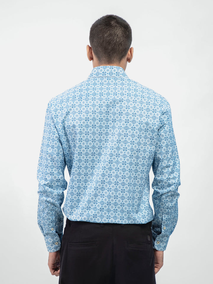 Blue Geometric Printed Shirt With Shallow Collar - Exclusive Brumano Pakistan
