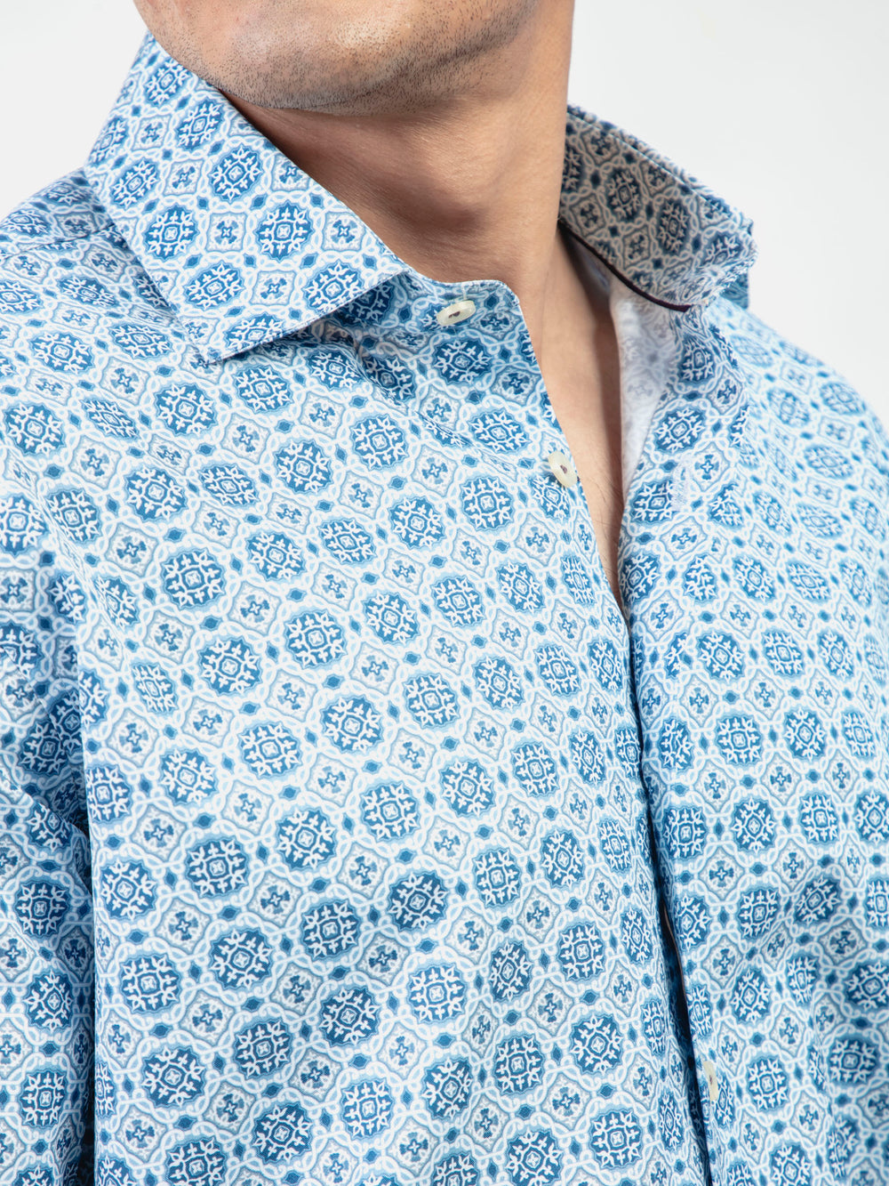 Blue Geometric Printed Shirt With Shallow Collar - Exclusive