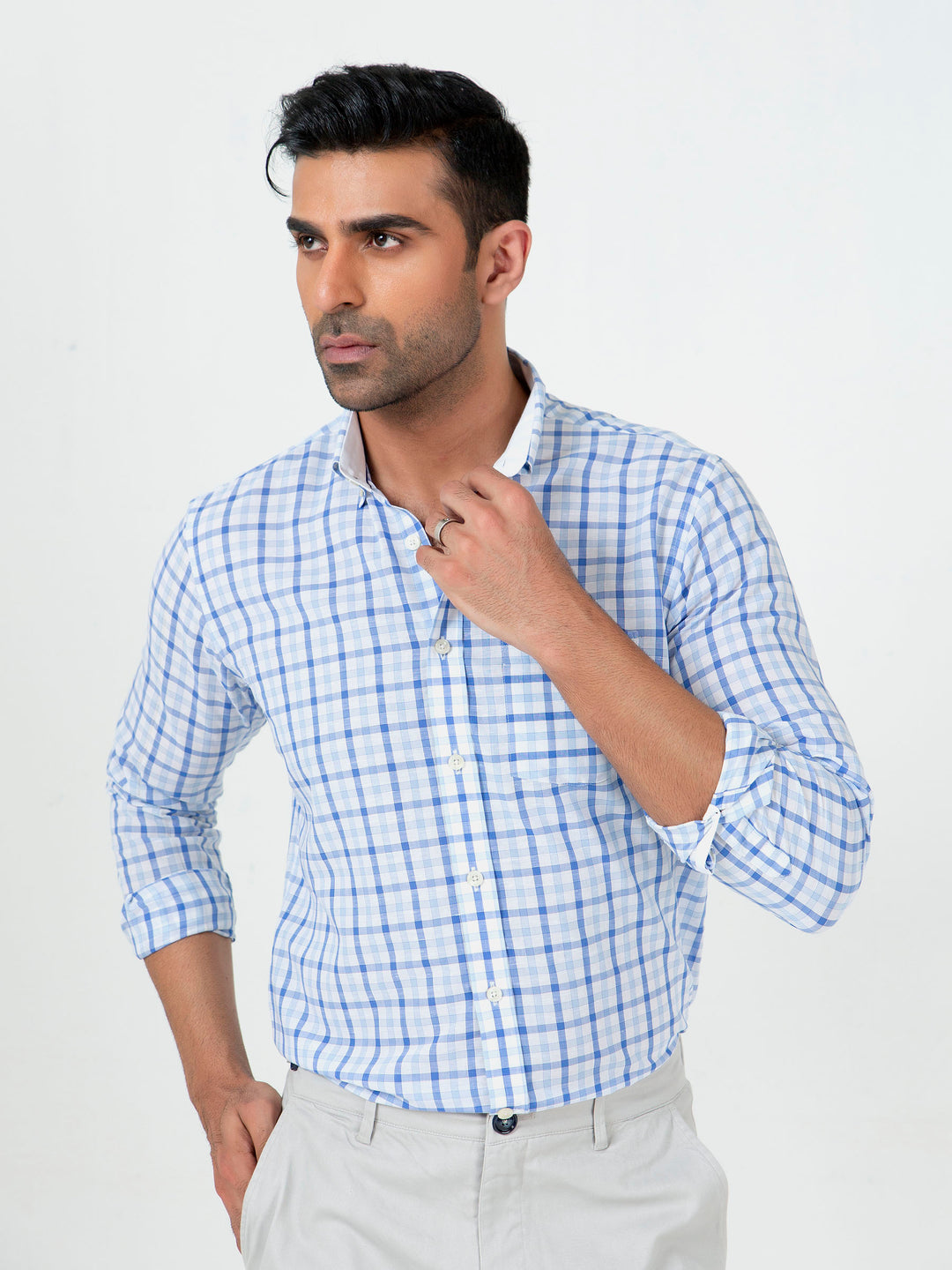 Blue Gingham CottonLinen Button Down Shirt Brumano Pakistan