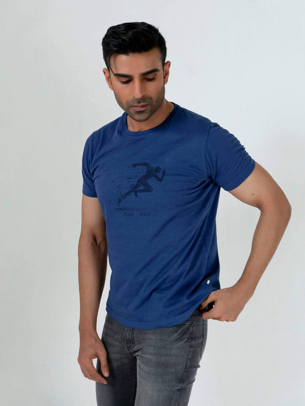 Blue Graphic Printed 'Run' T-Shirt Brumano Pakistan