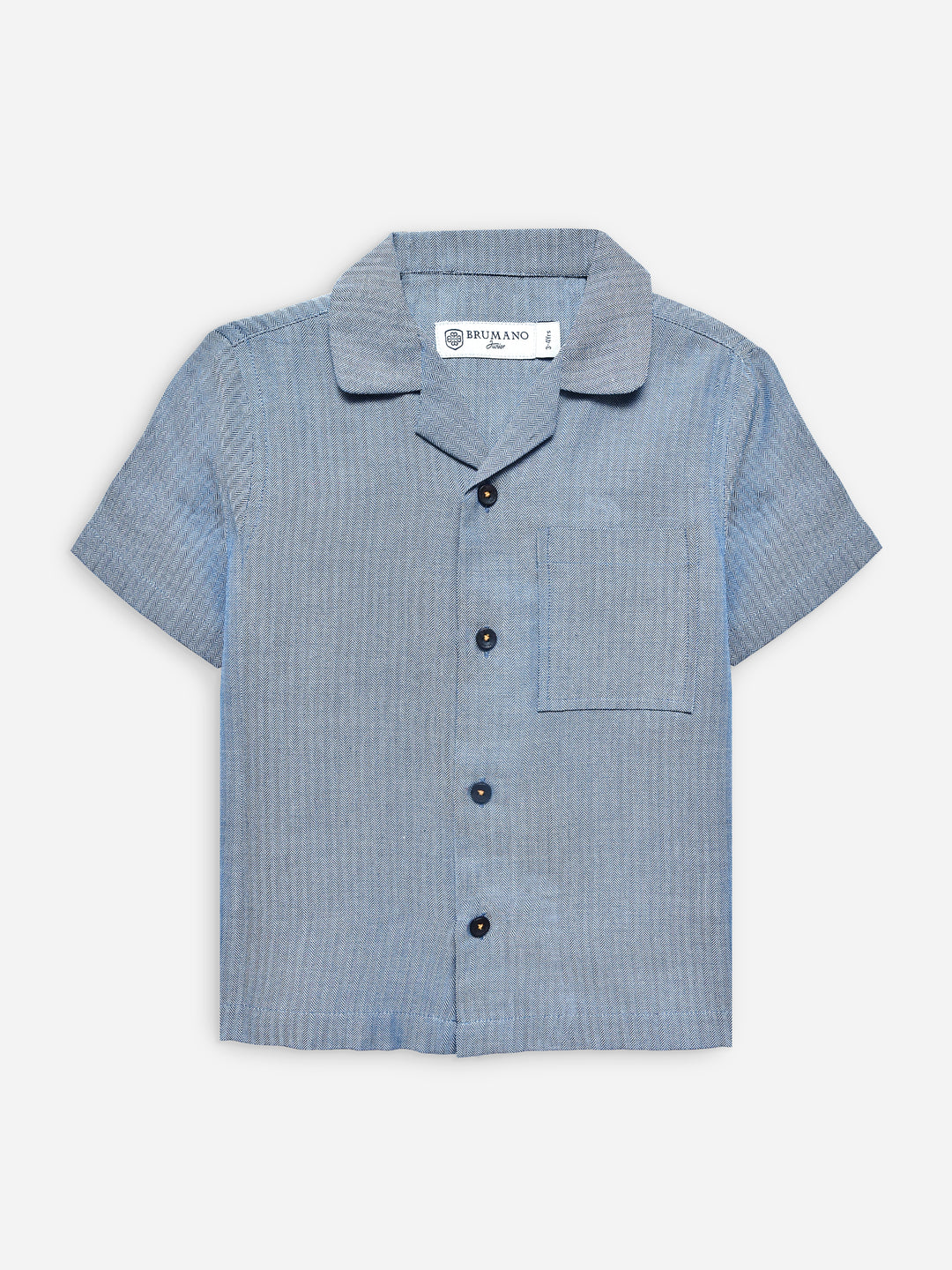 Blue Herringone Cuban Collar Half Sleeve Shirt