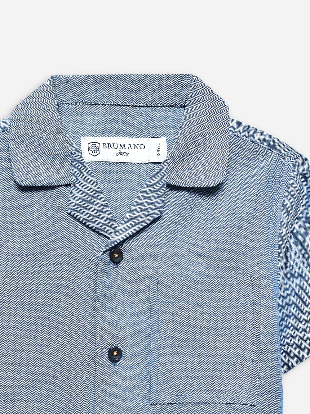Blue Herringone Cuban Collar Half Sleeve Shirt
