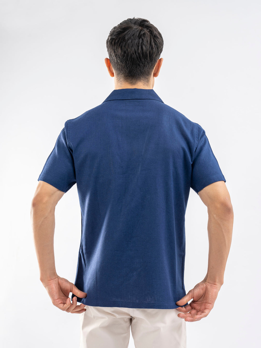 Blue Linen Blended Half Sleeve Cuban Collar Shirt