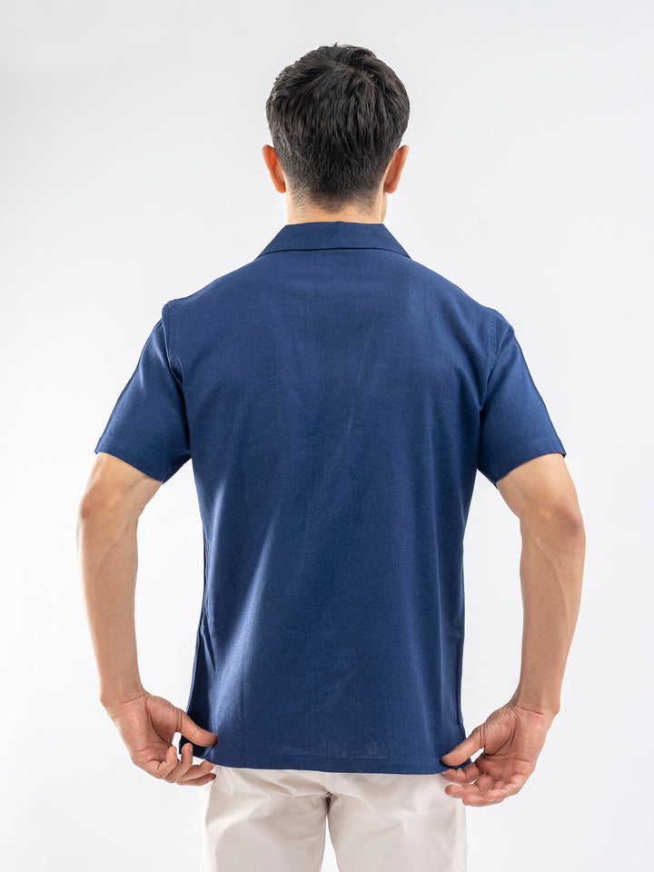 Blue Linen Blended Half Sleeve Cuban Collar Shirt