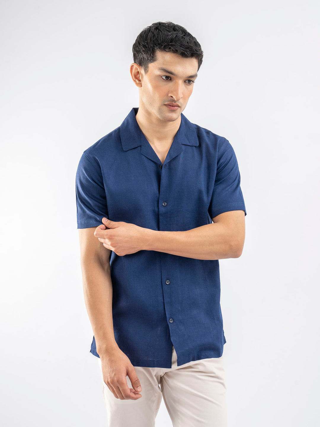 Blue Linen Blended Half Sleeve Cuban Collar Shirt