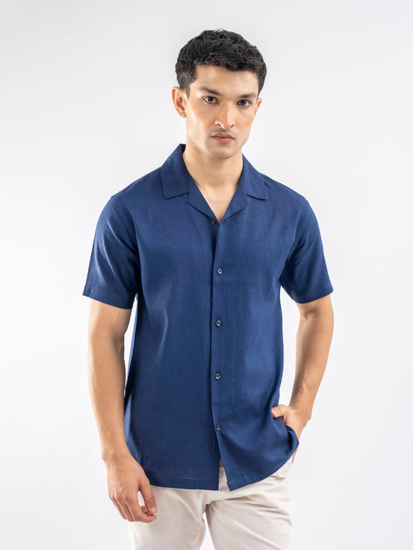 Blue Linen Blended Half Sleeve Cuban Collar Shirt