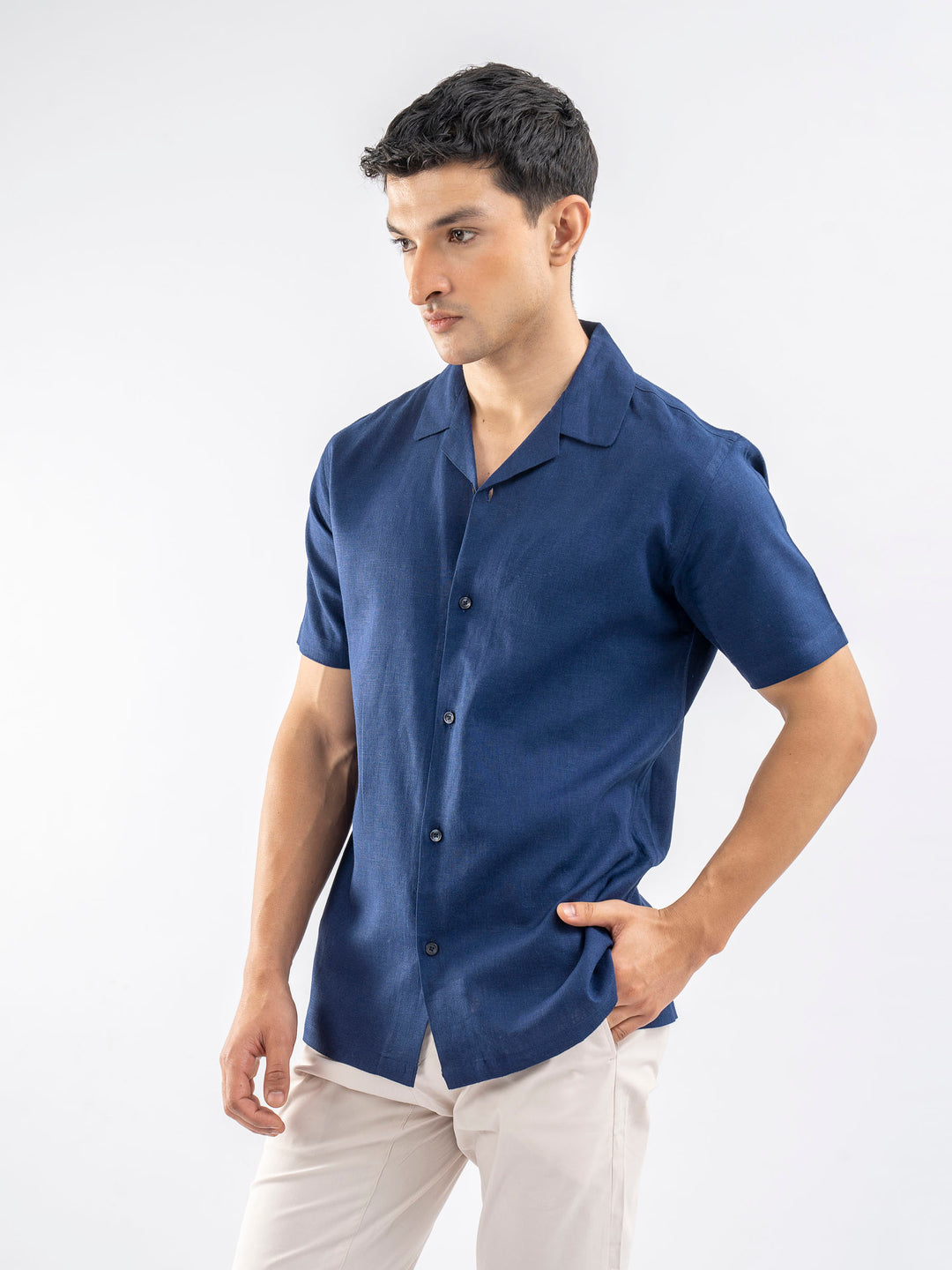 Blue Linen Blended Half Sleeve Cuban Collar Shirt