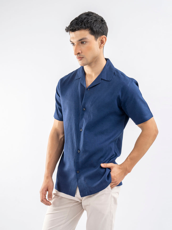 Blue Linen Blended Half Sleeve Cuban Collar Shirt