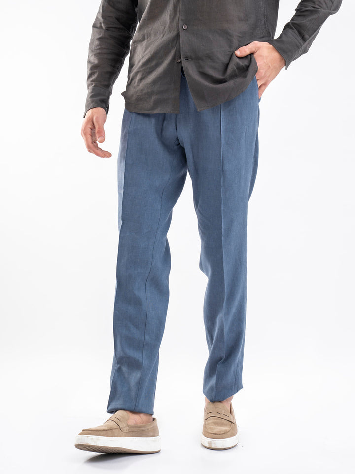 Blue Linen Blended Pajama Trouser side view — Brumano Pakistan
