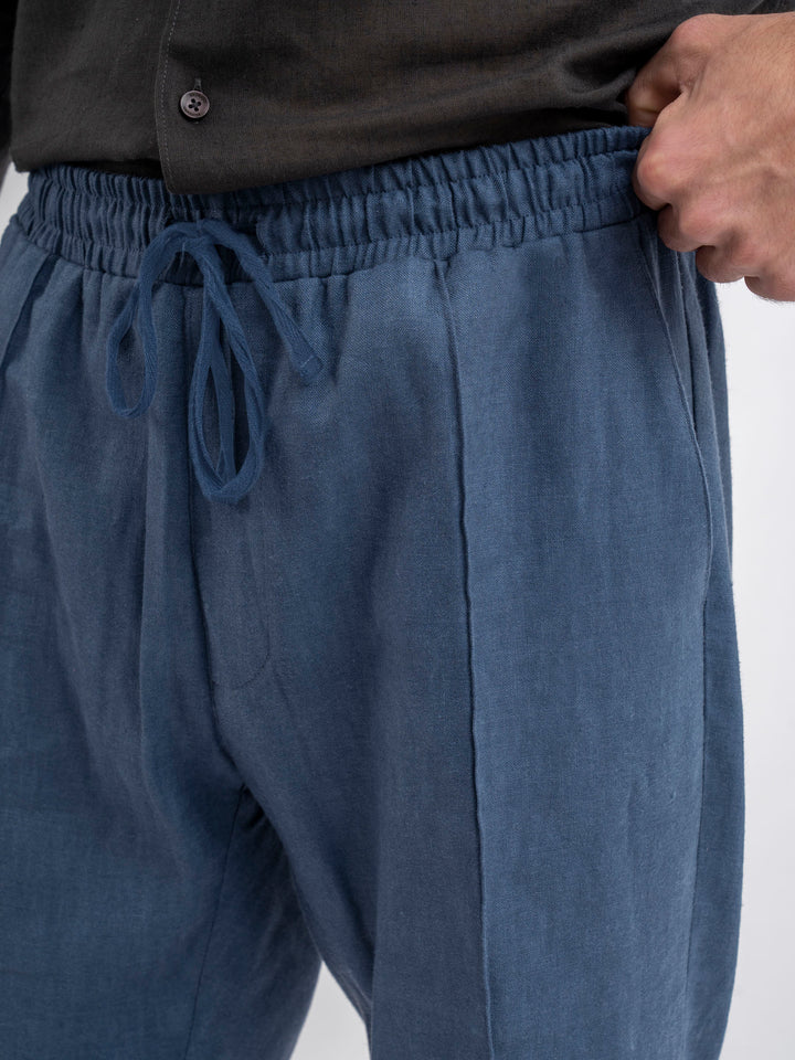 Man wearing blue linen blended pajama trouser — Brumano Pakistan