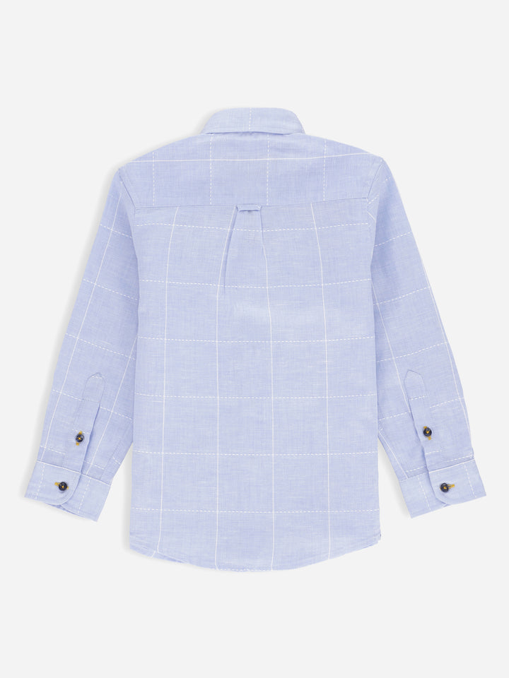 Blue Linen Checkered Long Sleeve Casual Shirt