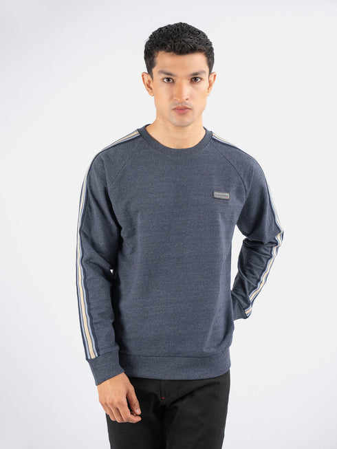 Blue Melange Crew Neck Sweatshirt With Detailing