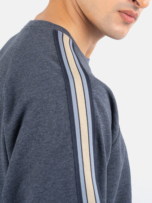 Blue Melange Crew Neck Sweatshirt With Detailing